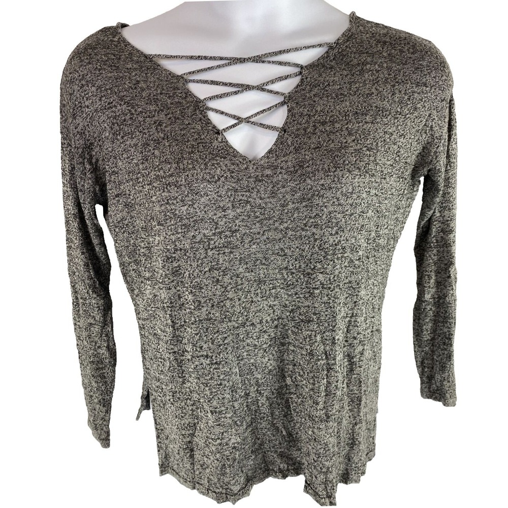 Altar'd State Small Gray Marled Lace Up V-Neck Long Sleeve Top Strappy Back Boho